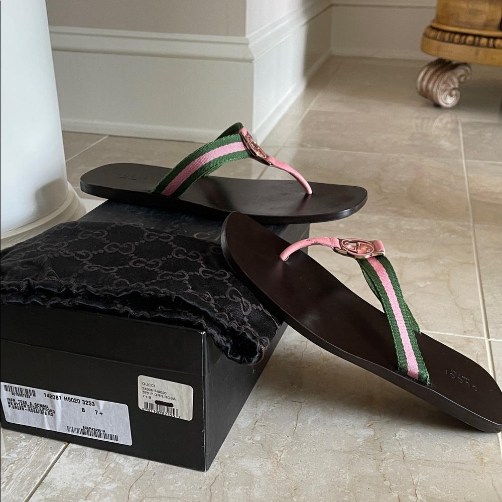 Gucci Brown Footbed Pink & Green Web Stripe Thong Sandals with Gold GG 7+B